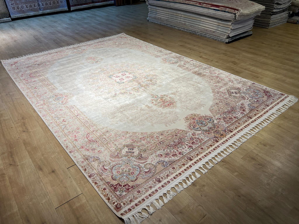 Cream Medallion Silk Rug, Turkish Style Home DEcor, 8x11 ft
