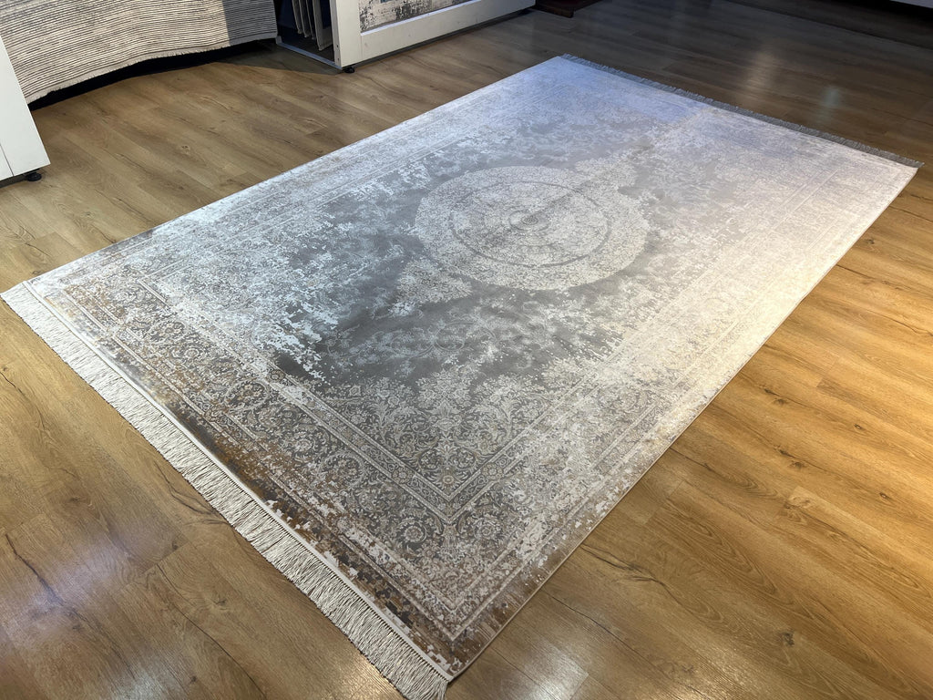 Gray Brown Silk Rug with Medallion and Border, Antique Distressed Style