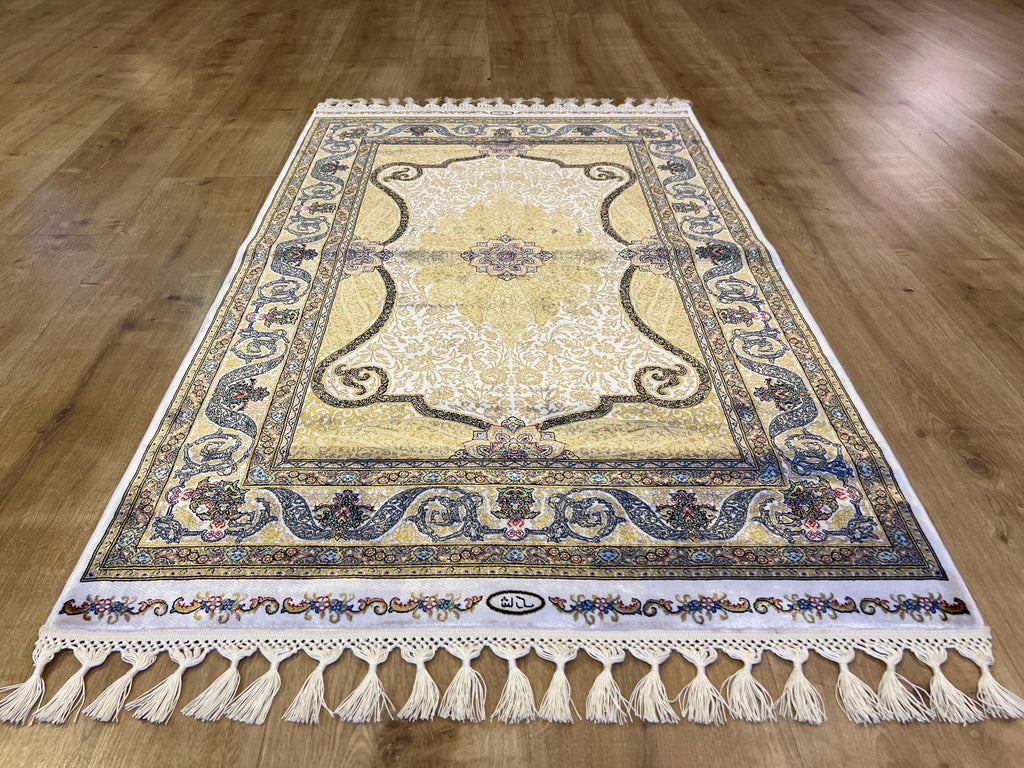 Ivory Silk Rug with Gold Medallion Pattern, Small Silk Carpet
