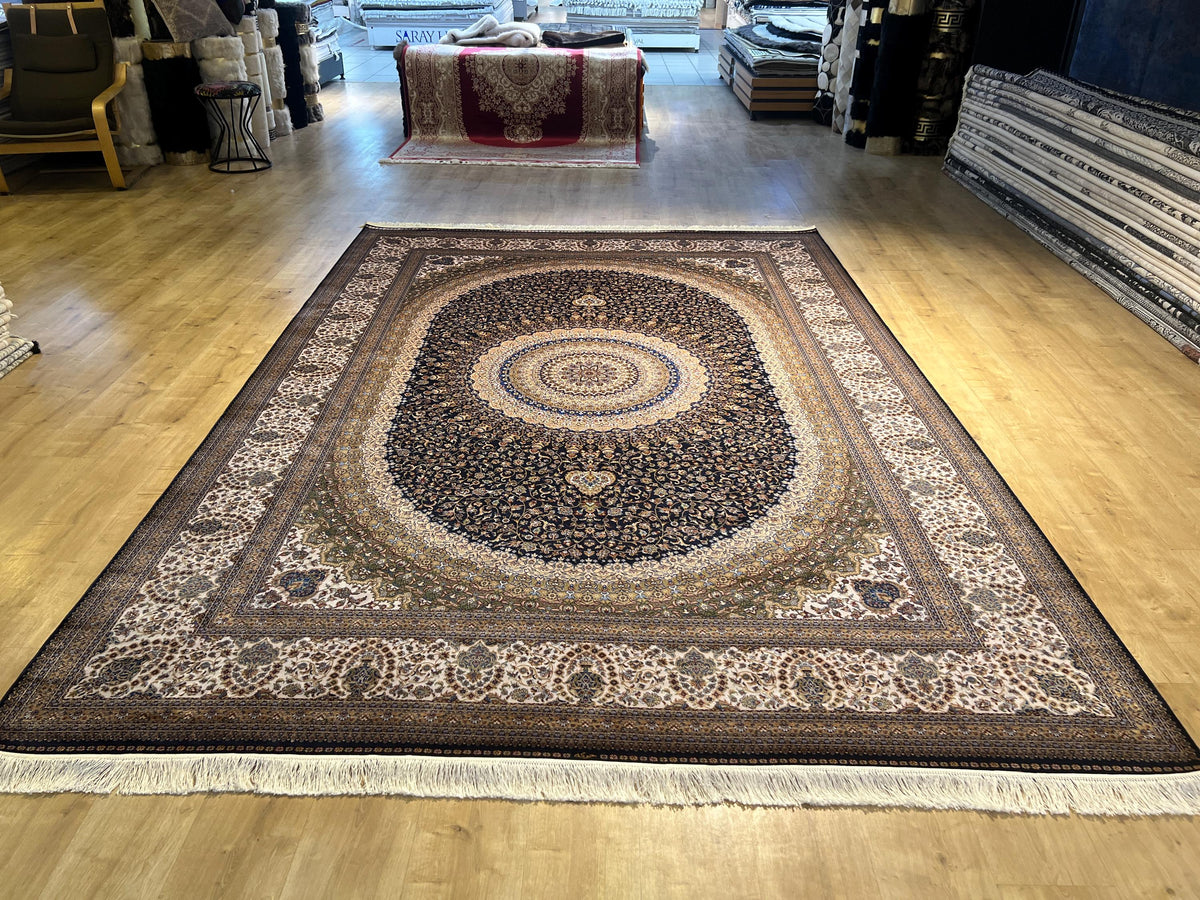 8x11 ft Dark Blue Silk Rug with Gold Medallion, Classic Turkish Style Luxury Carpet