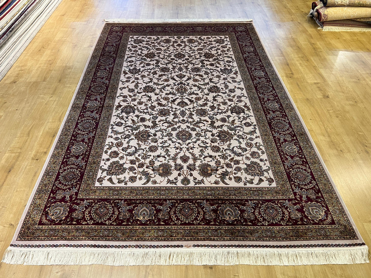 7x10 ft Turkish Silk Rug, Red Beige Floral Carpet