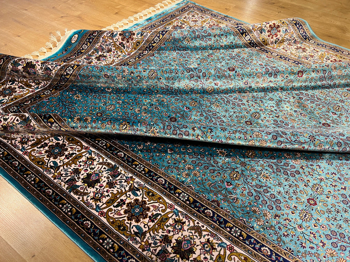 Blue Silk Rug, Floral Border Design, Turkish Style Carpet, Luxury Rug