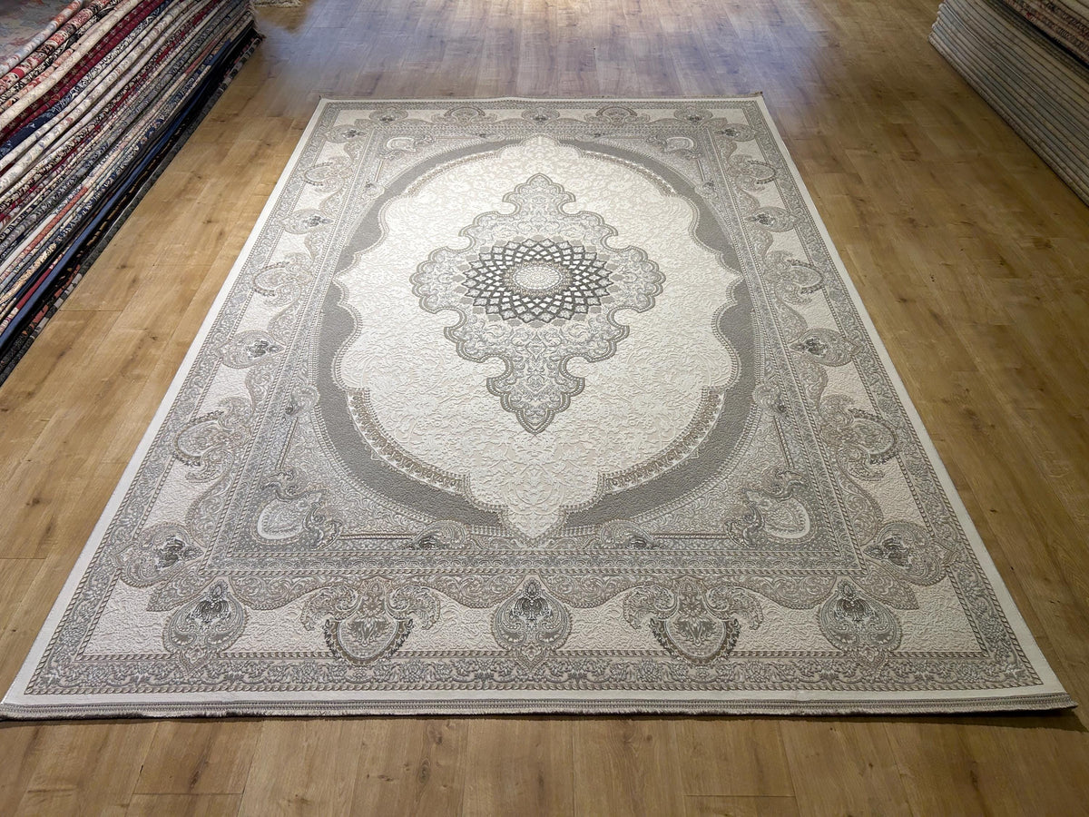 Gray Ivory Bamboo Rug, Classic Medallion Design Bamboo Carpet, Turkish Style Home Decor