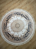 5x5 ft Round Tukish Silk Rug, Floral Gold Medallion, White Blue Carpet