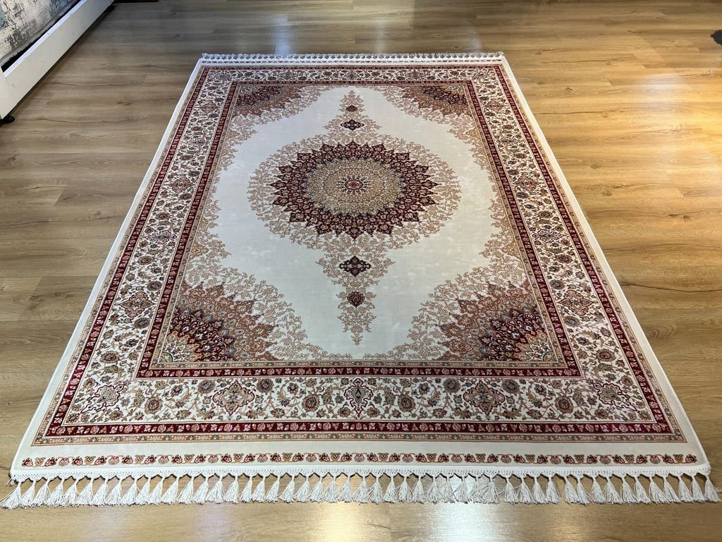 5x8 ft Ivory Bamboo Silk Rug, Red Medallion Classic Turkish Carpet