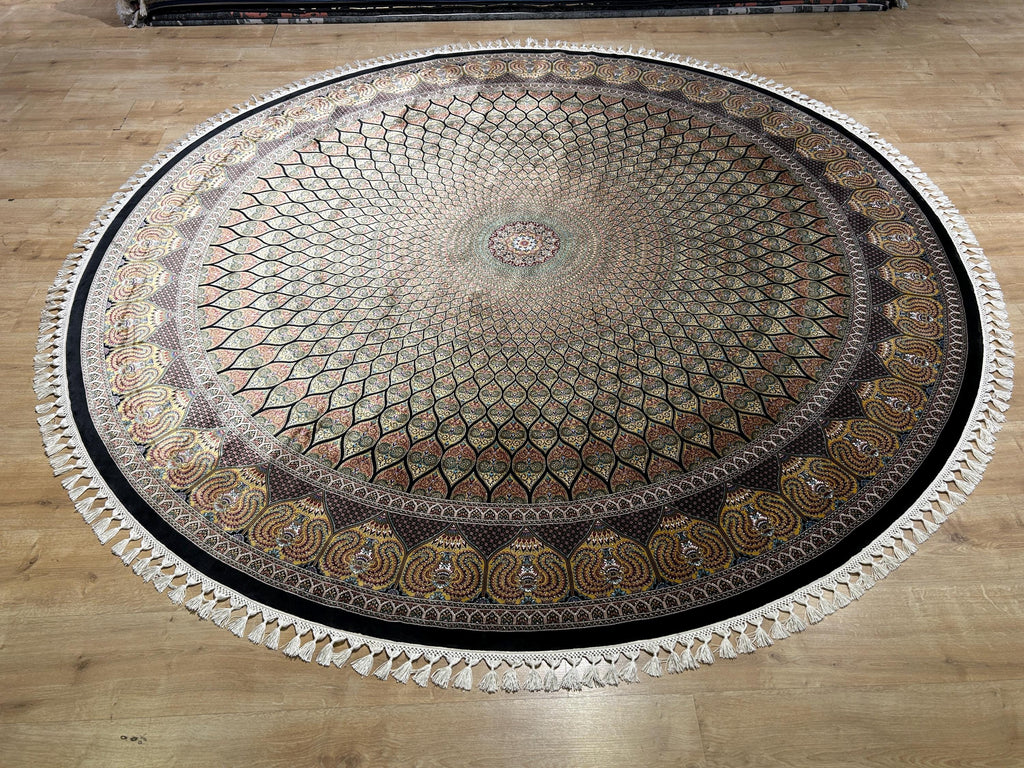 Black Gold Round Silk Rug, Classic Turkish Style Carpet, Medallion Design