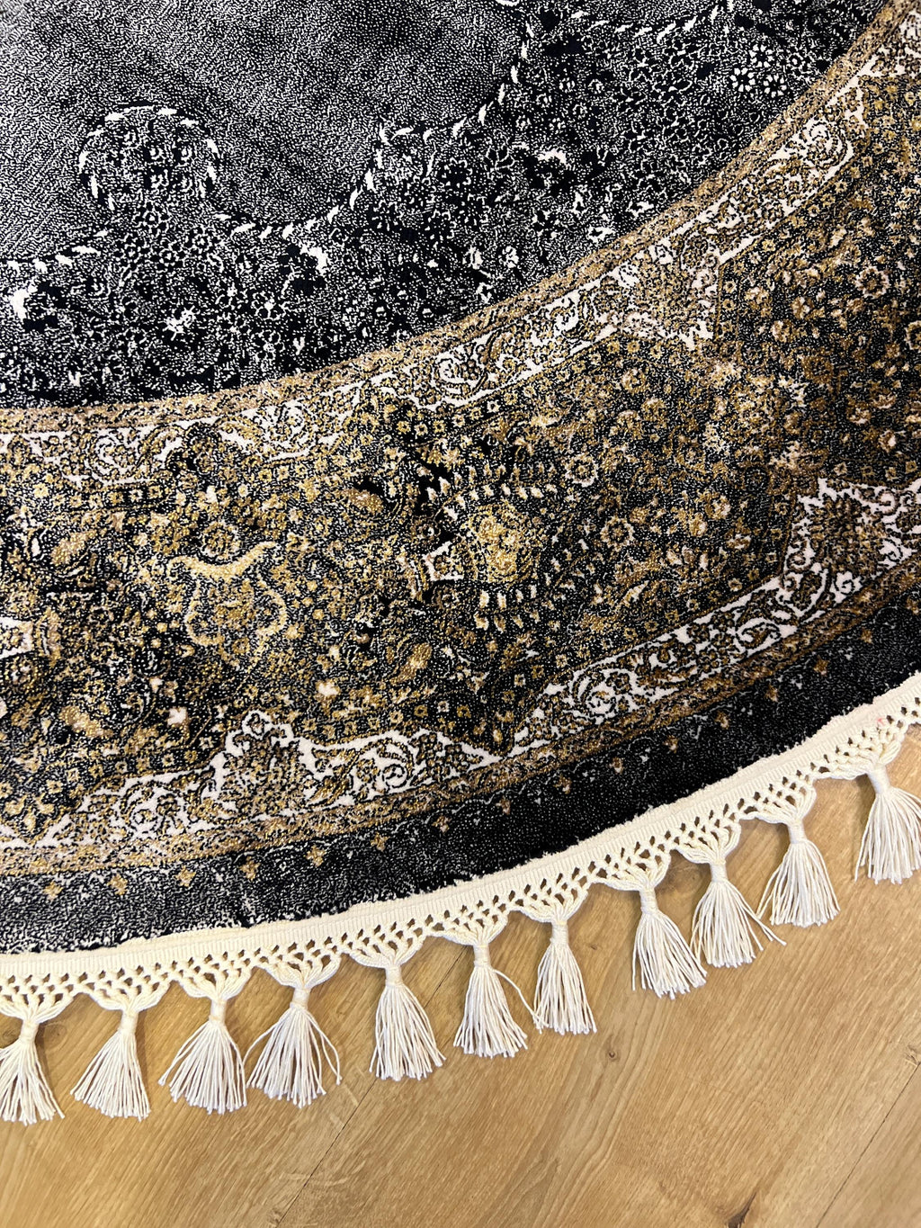 Black Gold Modal Silk Round Rug, Turkish Carpet (5x5 ft)