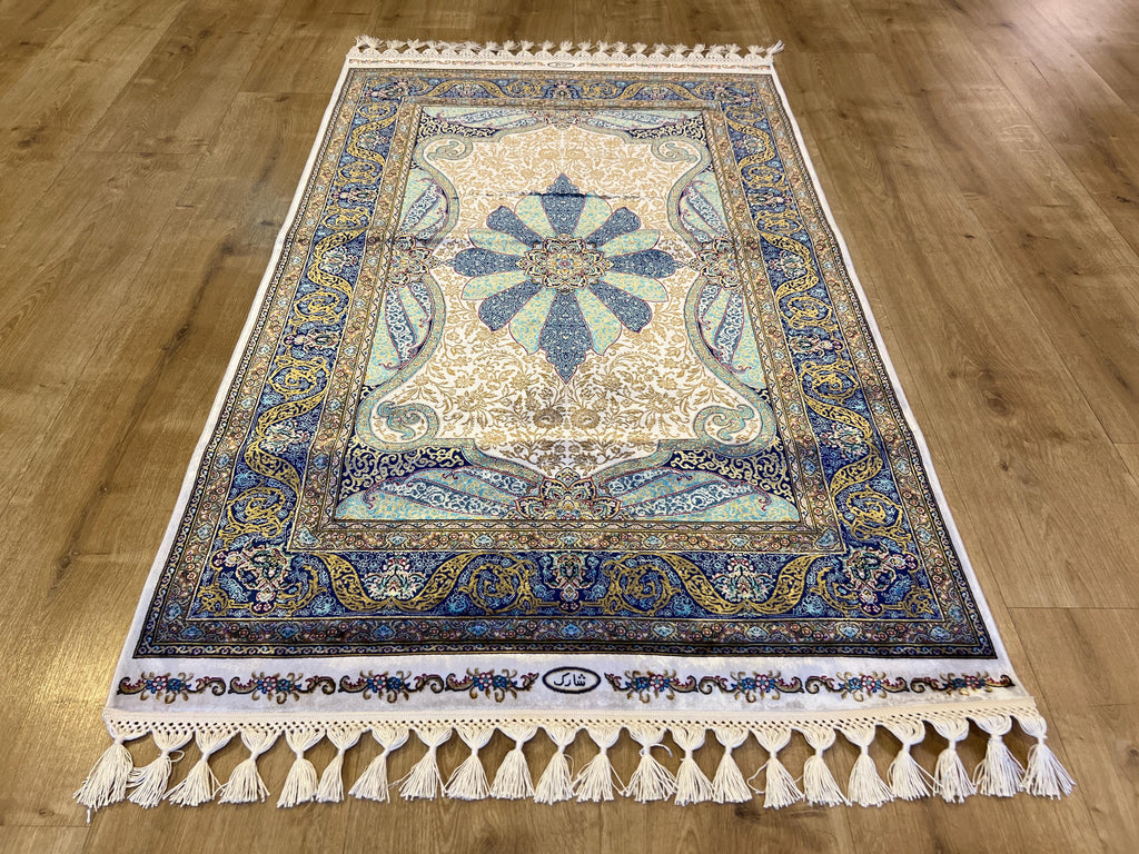 Ivory Silk Rug with Blue Medallion Pattern, Luxury Small Silk Carpet