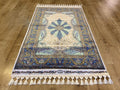 Ivory Silk Rug with Blue Medallion Pattern, Luxury Small Silk Carpet
