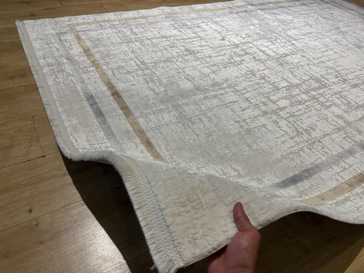 5x8 Ft Cream Bamboo Rug with Gray Gold Border, Modern Style
