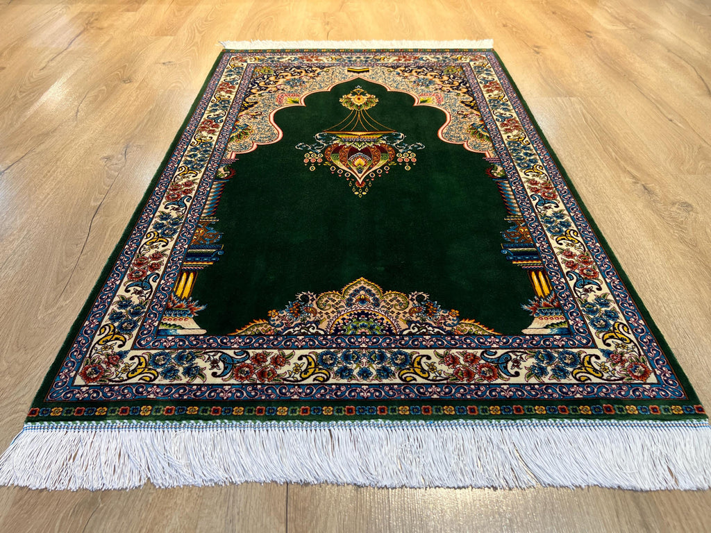 Green Modal Silk Prayer Rug, Luxury Muslim Gift Mat (2.62X4.10 ft) Janamaz Mat