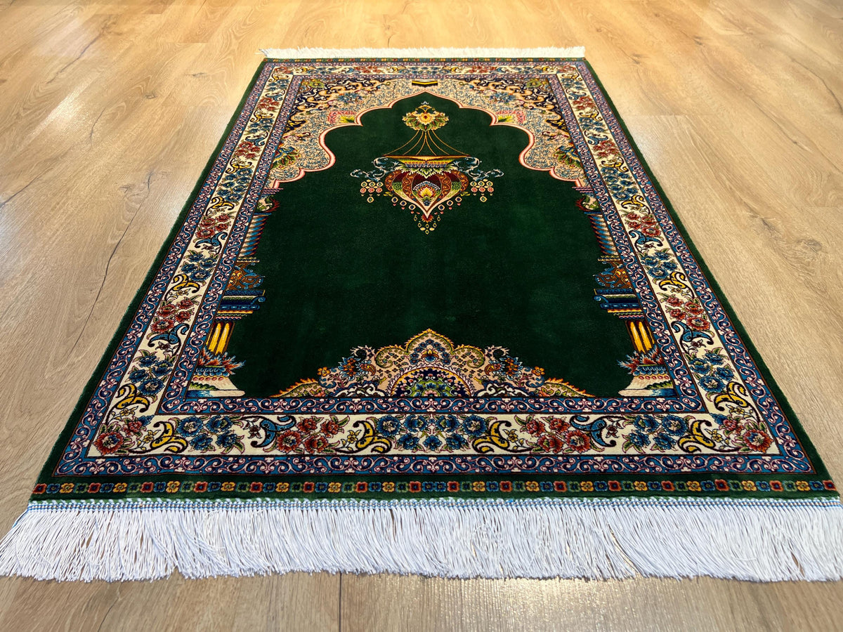 Green Modal Silk Prayer Rug, Luxury Muslim Gift Mat (2.62X4.10 ft) Janamaz Mat
