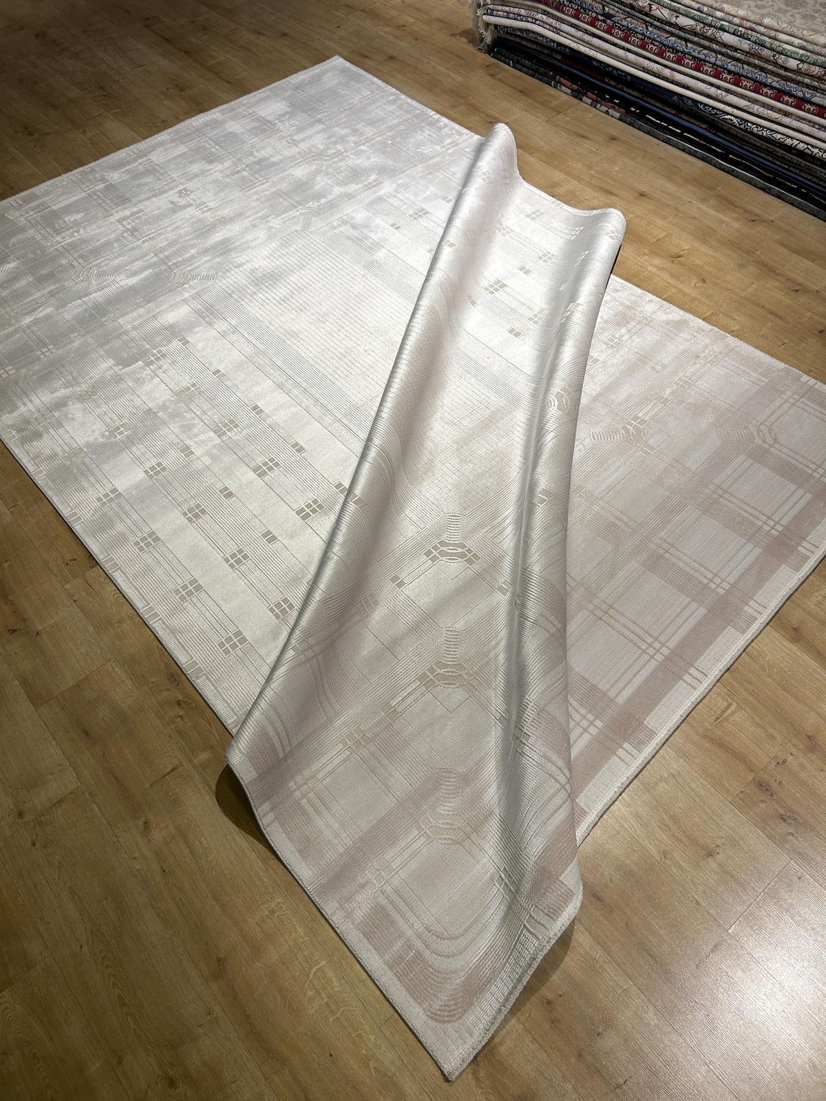 Beige Cream Bamboo Rug, Striped Minimalist Modern Rug, Oversize Carpet