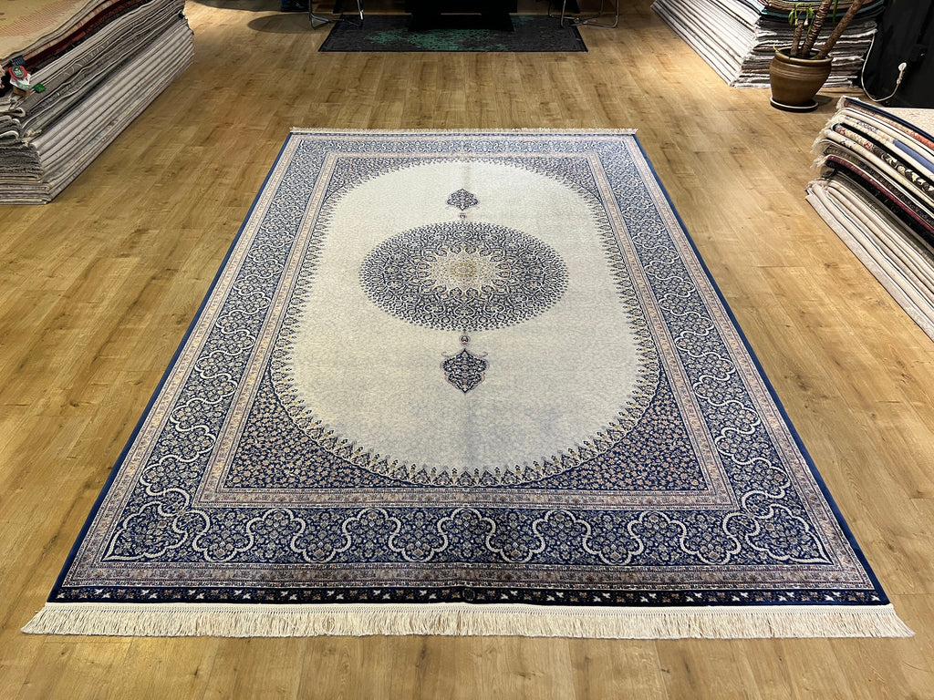 7x10 ft Grey Silk Rug, Navy Medallion and Border, Classic Design