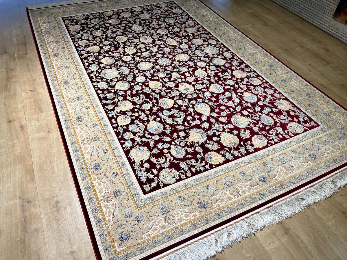 7x10ft Red Floral Silk Rug, Traditional Bordered Rug, Luxury Home Decor