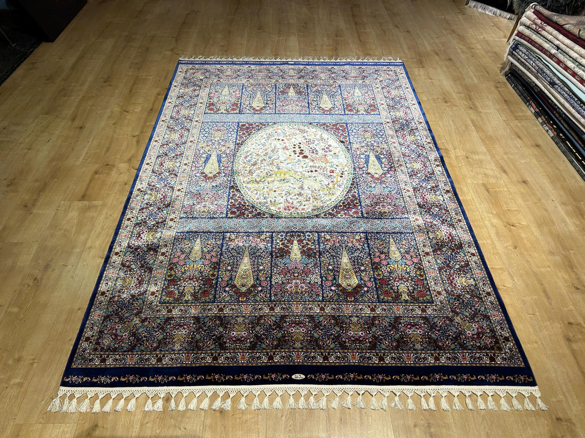 Navy Blue Floral Silk Rug, Tree Design Carpet, Luxury Classic Carpet