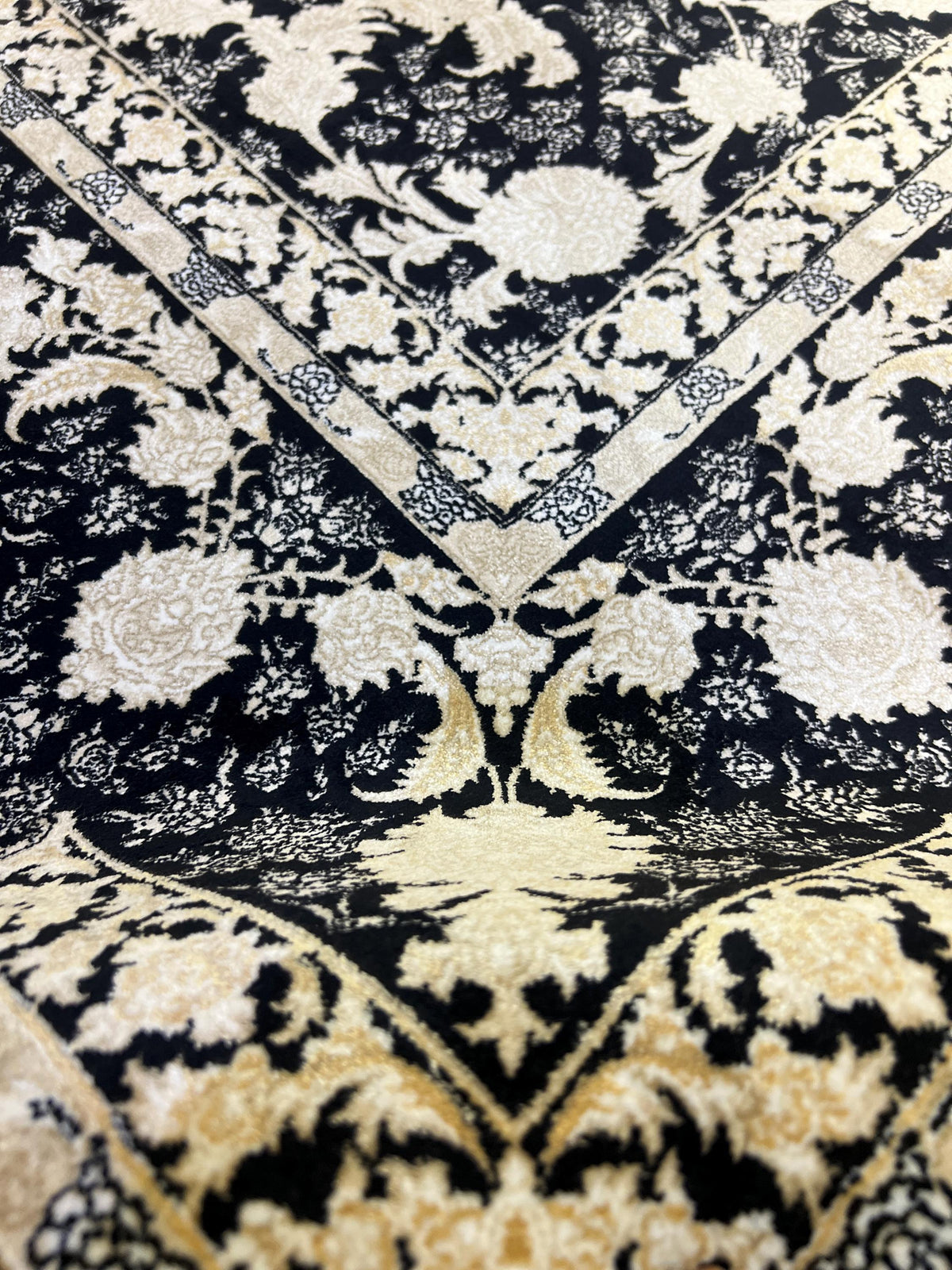 Black Classic Silk Rug with Gold Floral Motifs, Luxury Silk Carpet