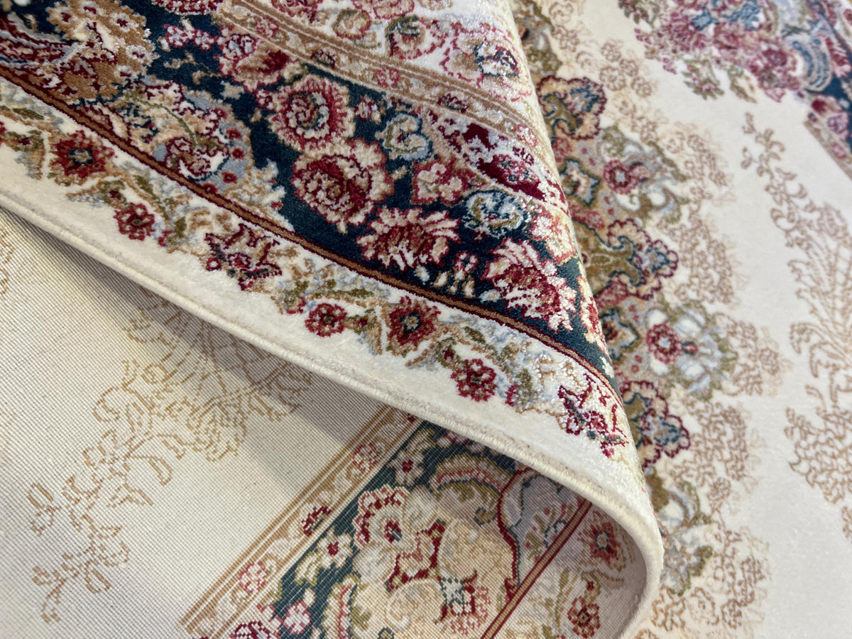 Ivory Silk Rug with Navy Blue Border and Medallion, 3x5 ft, Classic Small Rug