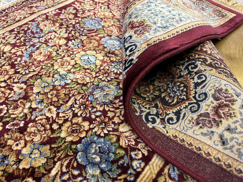 Red Modal Silk Prayer Rug, Muslim Janamaz Mat (2.62X4.10)