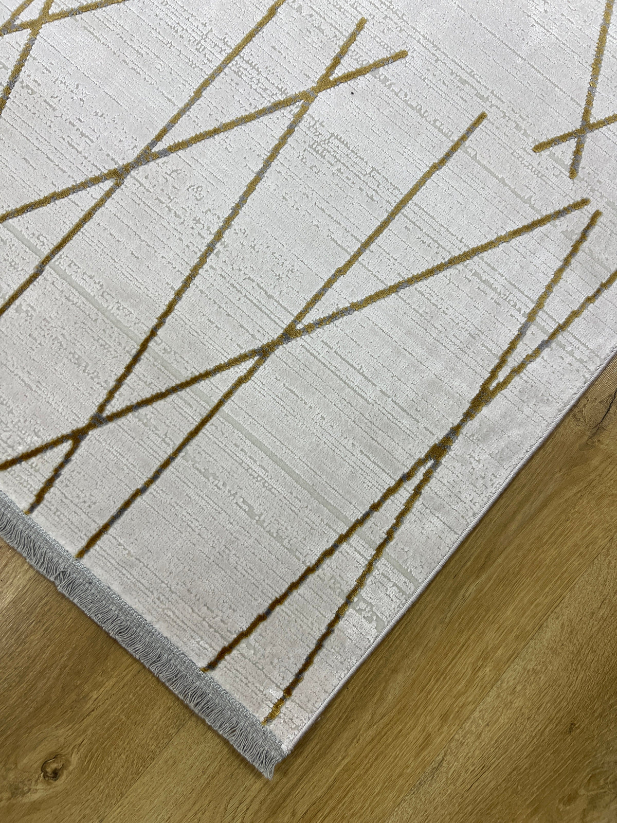 Modern Turkish Rug, White Gold Bamboo Acrylic, 5x8 ft