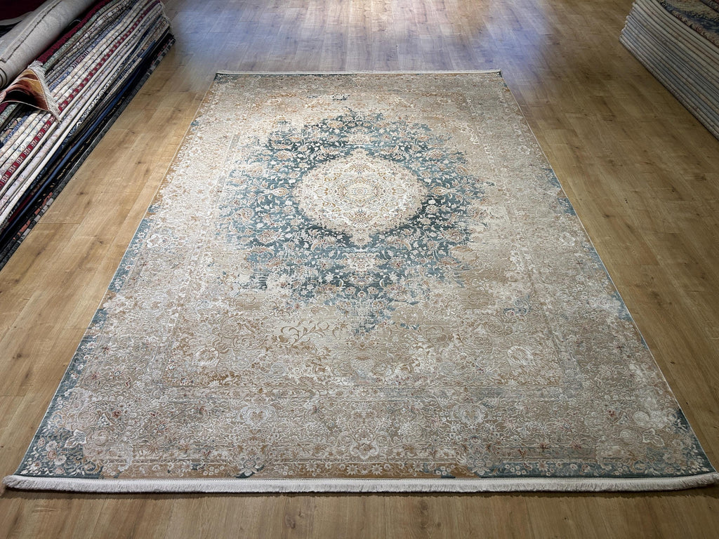 Beige Blue Silk Rug, Medallion Design Classic Silk Carpet