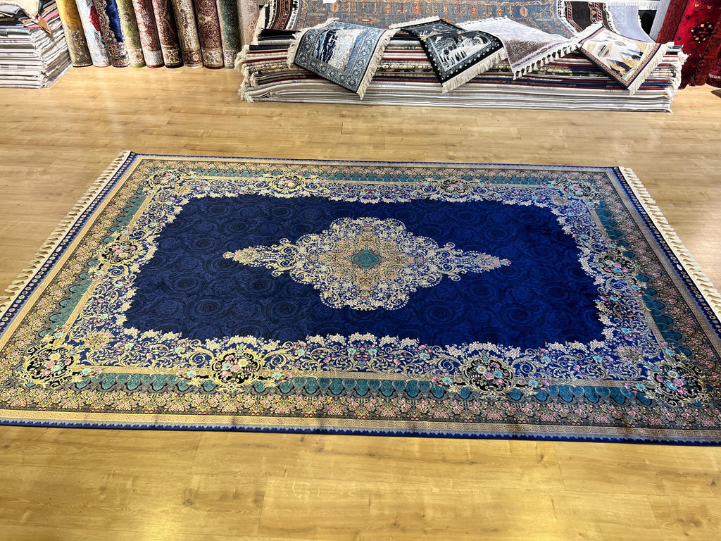 7x10 ft Navy Blue Silk Rug with Floral Medallion, Classic Turkish Style