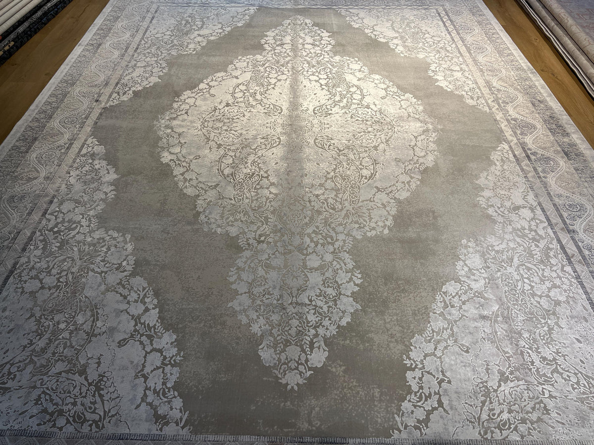 Gray Bamboo Rug, 10x13 ft, Large Classic Medallion Design Area Rug