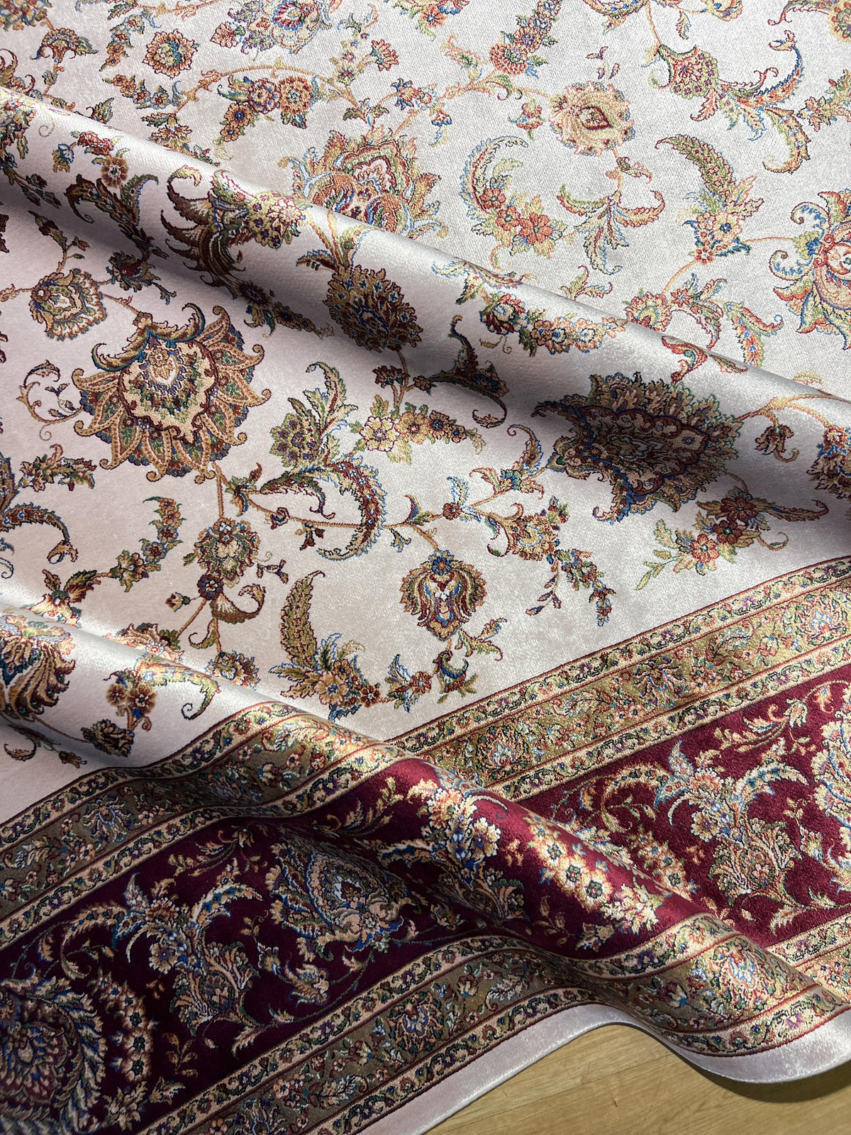 8x11 ft Ivory Silk Bamboo Rug with Red Border and Gold Pattern, Classic Design