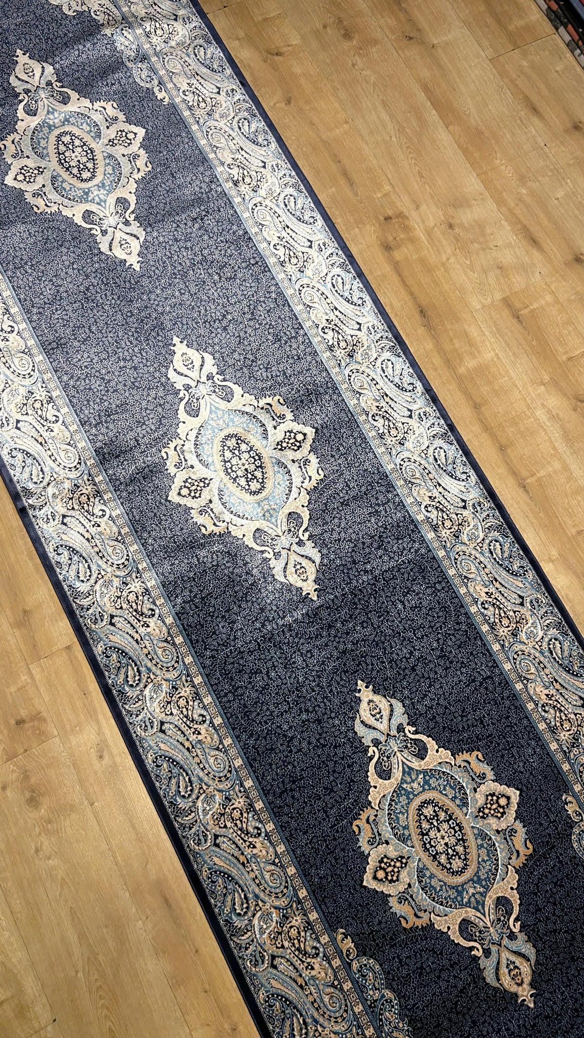 Blue Medallion Turkish Silk Runner Rug, Classic Luxury Hallway Rug