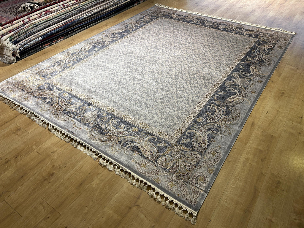 8x10 ft Gray Silk Rug,  Gray  Gold Border Design Turkish Carpet, Luxury Home Decor