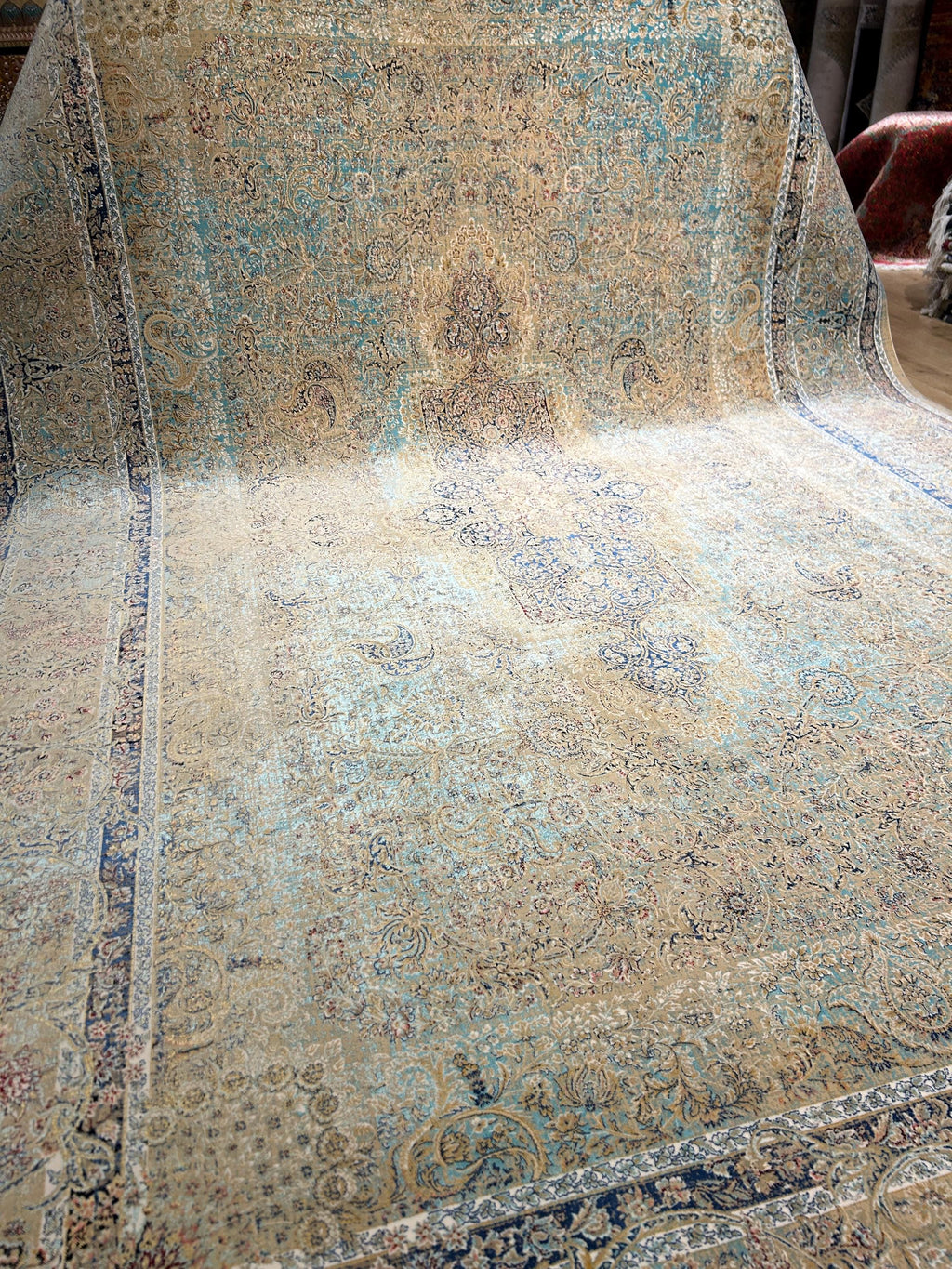 Beige Blue Silk Rug, Classic Silk Carpet with Distressed Pattern