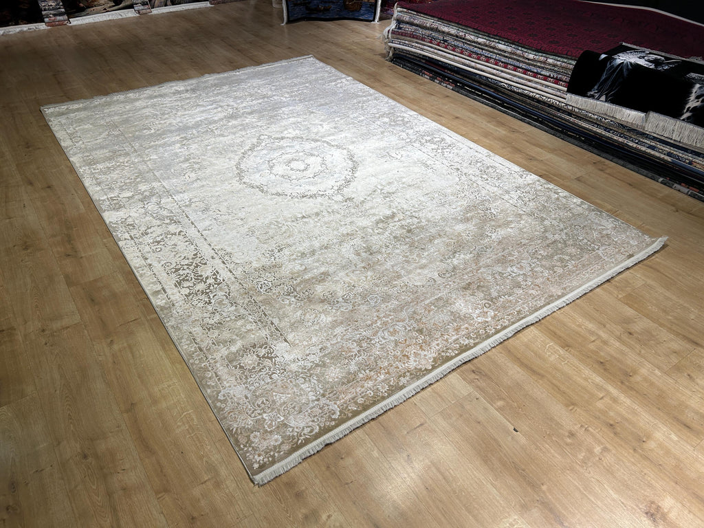 Light Brown Beige Silk Rug, Medallion Design Classic Silk Carpet