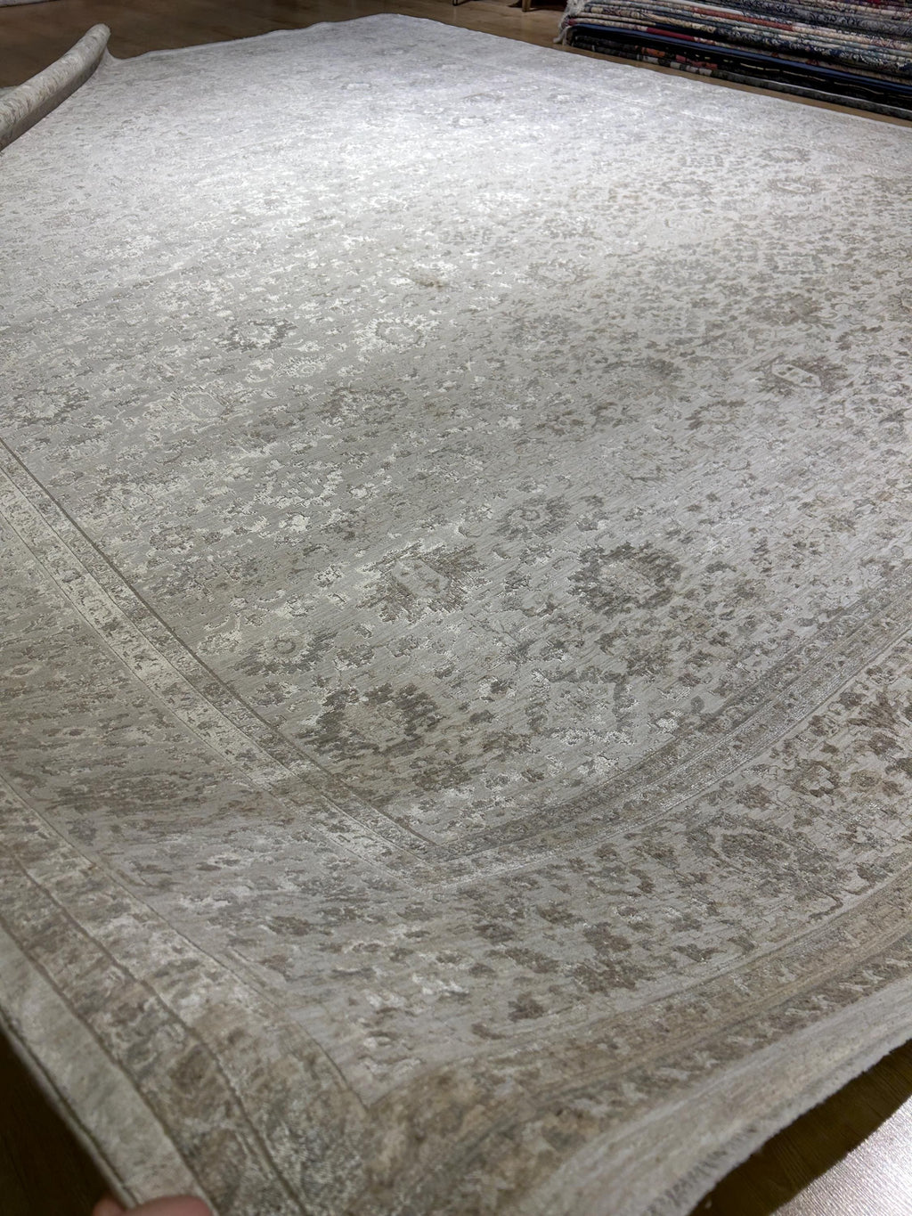 10x13 ft Gray Beige Floral Bamboo Rug with Ethnic Modern Patterns, Big Size Rug