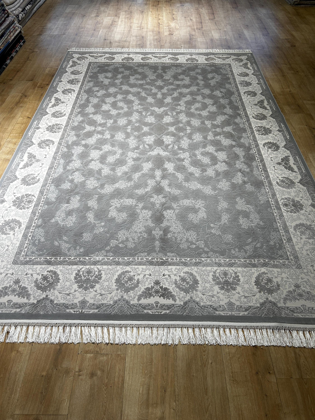 Gray Silk Bamboo Rug, 7x10 ft, Floral Pattern Bordered Turkish Rug