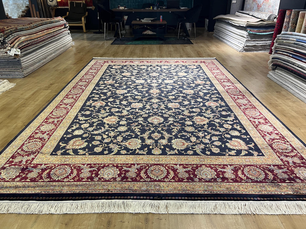Dark Blue Silk Palace Rug, Turkish Oushak Style, 8x11 ft