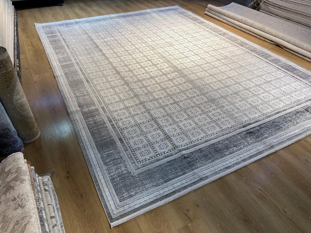 10x13 ft Gray Traditional Ethnic Geometric Bamboo Rug with Border