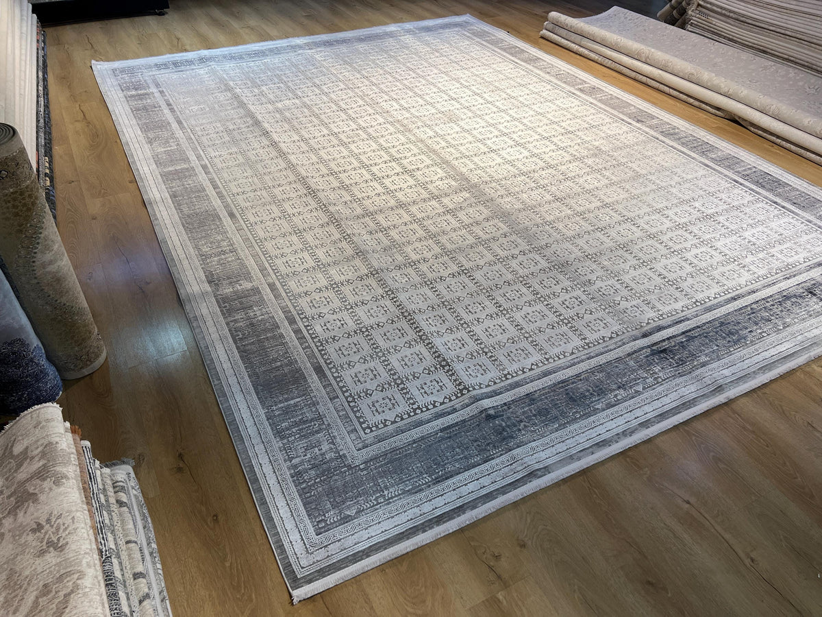 10x13 ft Gray Traditional Ethnic Geometric Bamboo Rug with Border