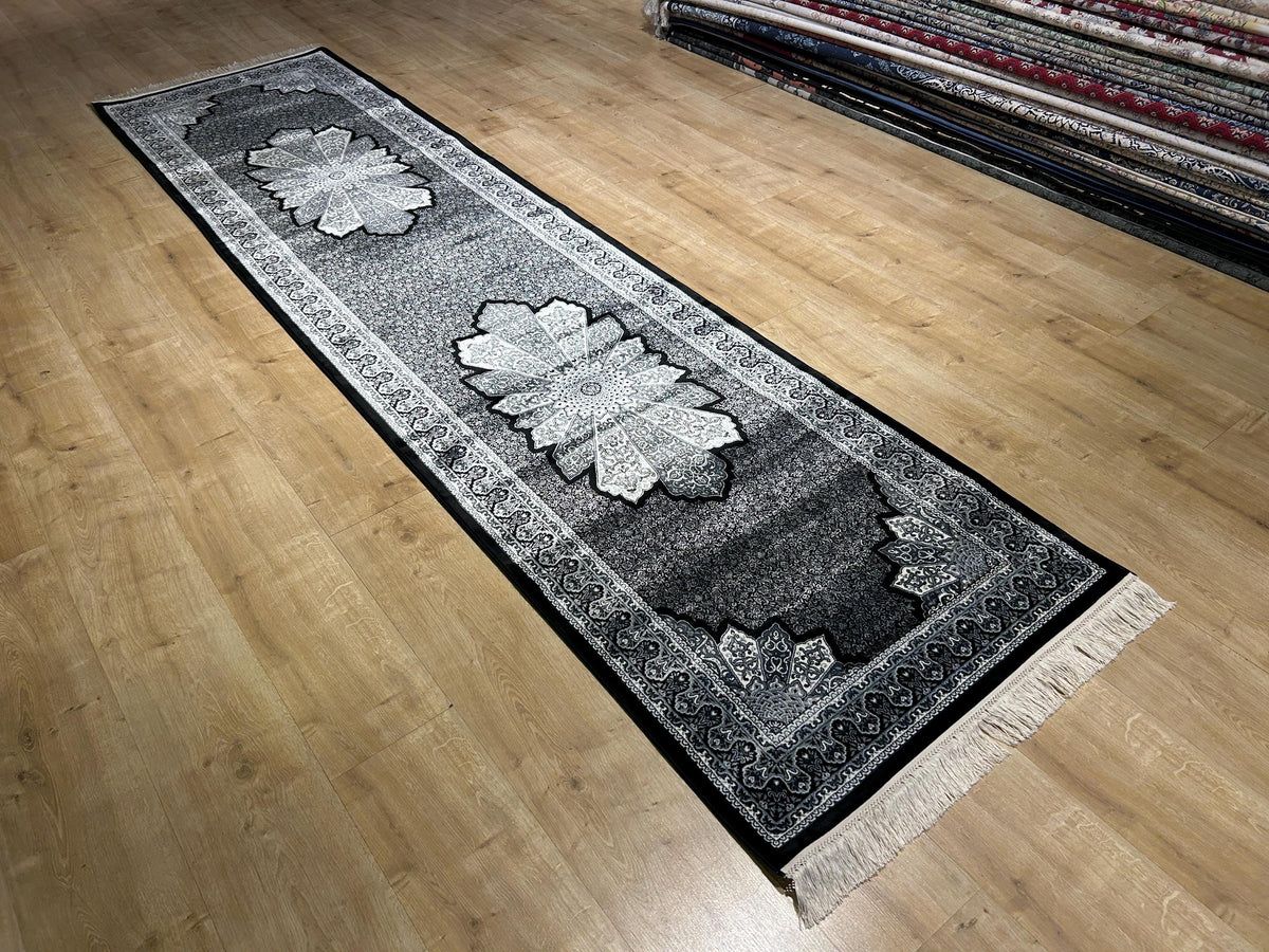 3x10 ft Black Gray Runner Silk Rug, Medallion Design, Classic Luxury Area Rug