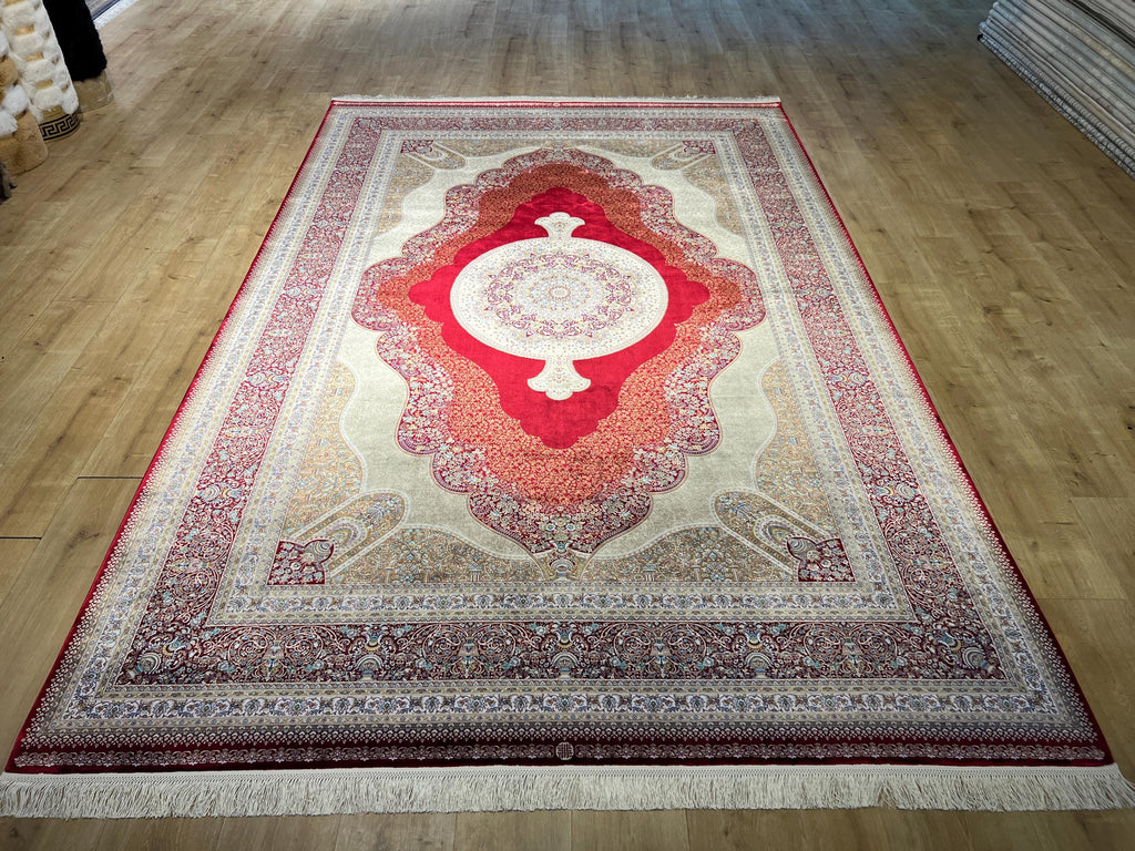 7x10 ft Large Modal Silk Rug, Red Gold Center Medallion, Luxury Living Room Decor