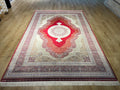 7x10 ft Large Modal Silk Rug, Red Gold Center Medallion, Luxury Living Room Decor