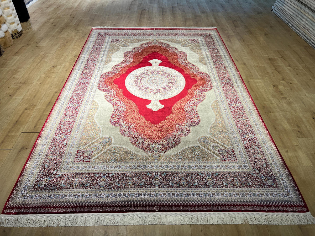 7x10 ft Large Modal Silk Rug, Red Gold Center Medallion, Luxury Living Room Decor