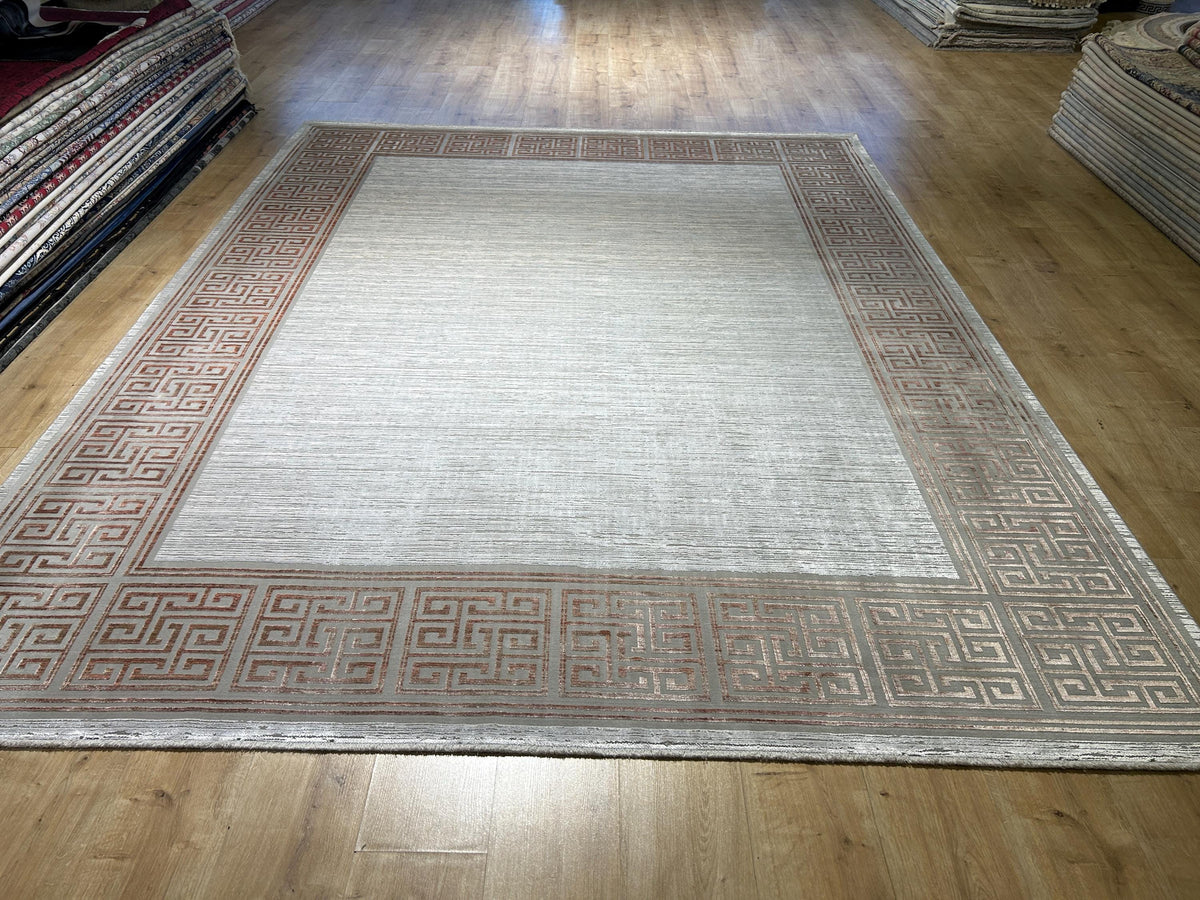 8x10 ft Brick Colour Gray Cream Bamboo Rug, Bordered Minimalist Modern Rug