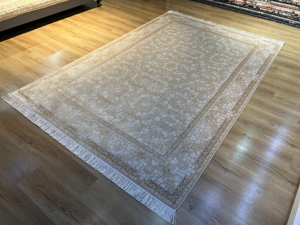 Cream Gold Silk Rug, Floral Pattern Classic Turkish Carpet