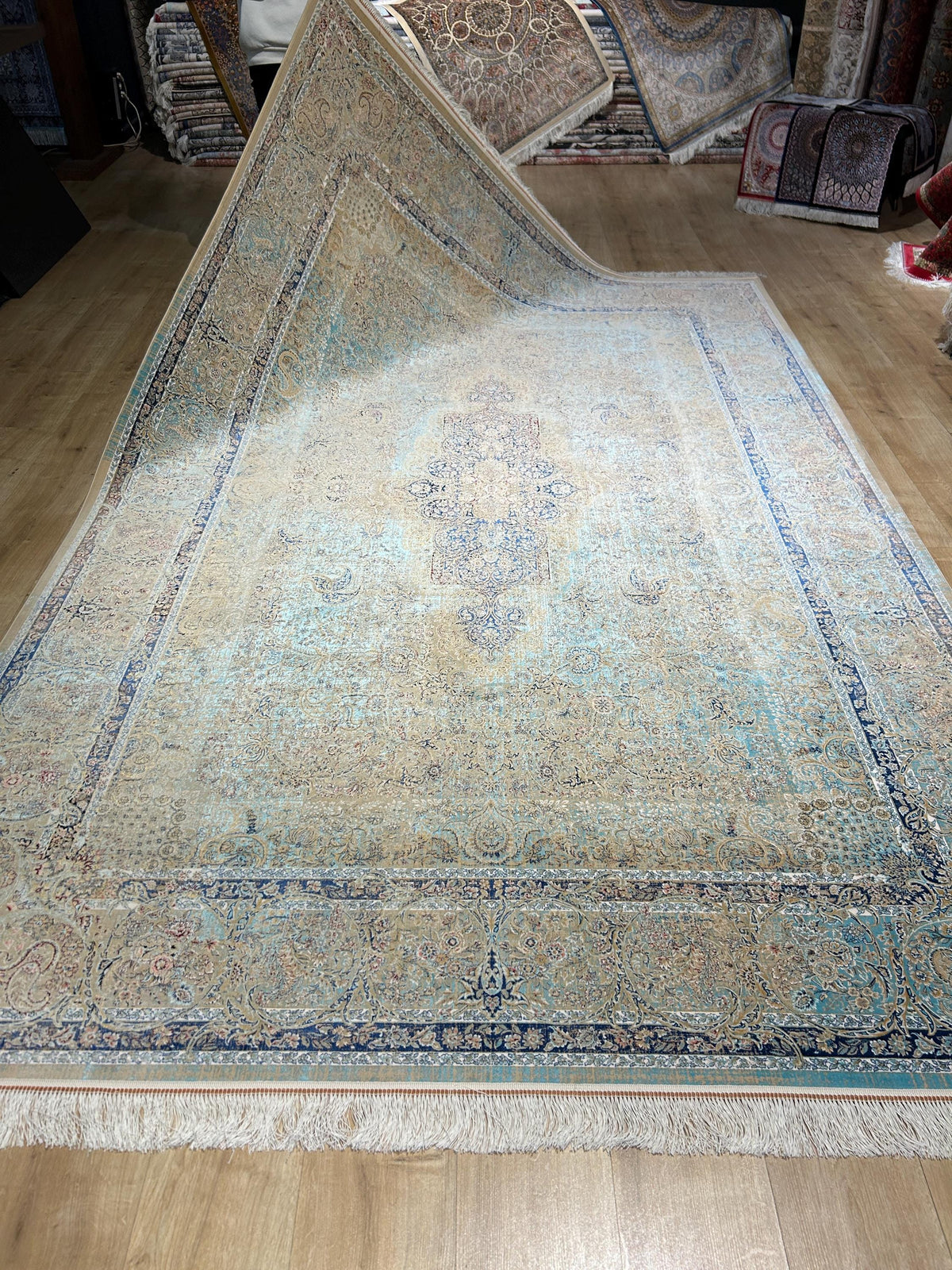 Beige Blue Silk Rug, Classic Silk Carpet with Distressed Pattern