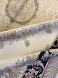 7x10 ft Ivory Silk Rug, Navy Blue Border Gold Medallion, Classic Turkish Rug