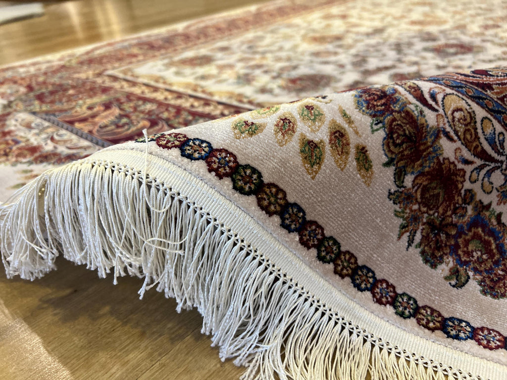 7x10 ft Ivory Silk Rug, Gold Floral and Red Border Silk Carpet, Classic Design