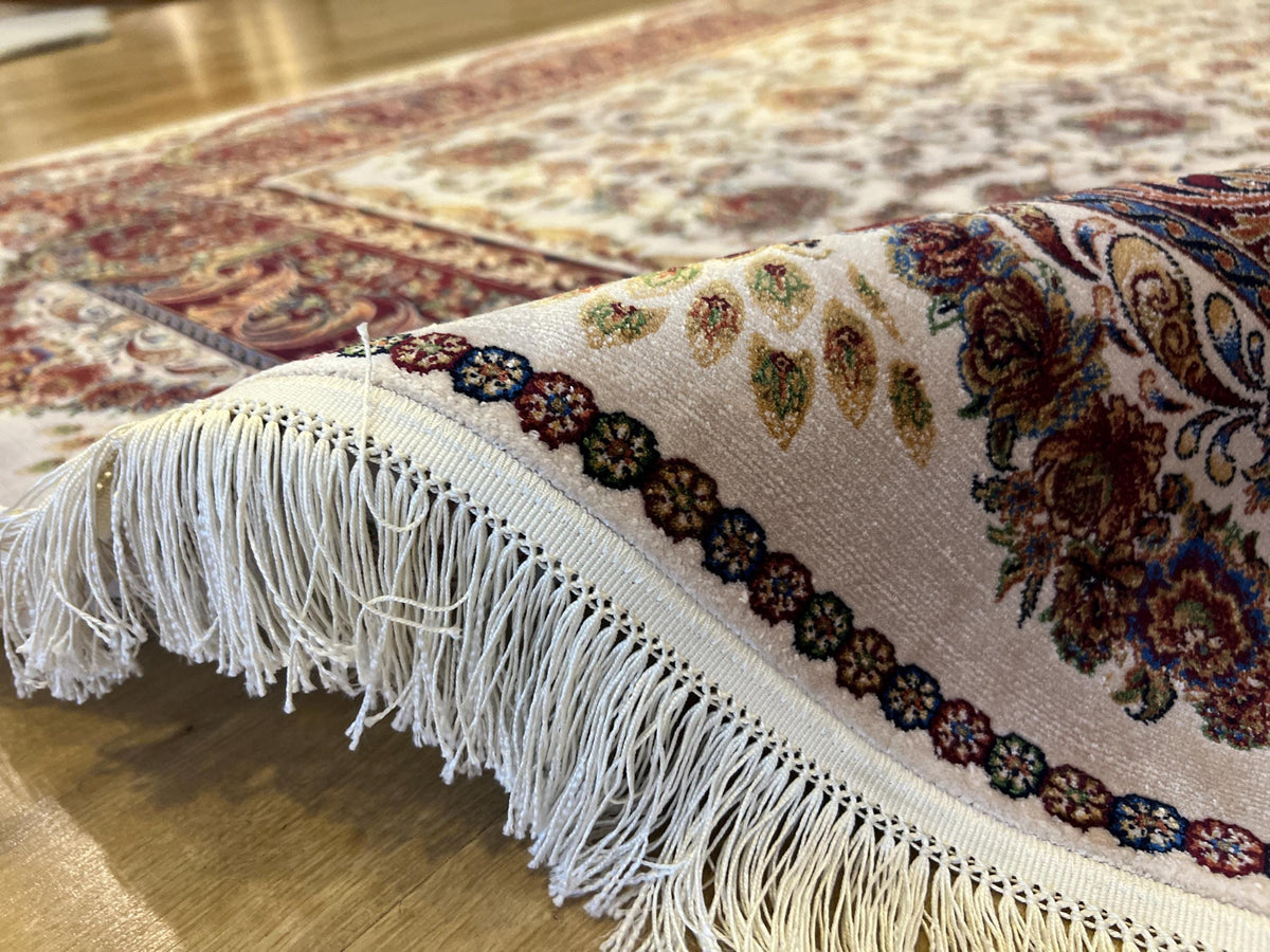 7x10 ft Ivory Silk Rug, Gold Floral and Red Border Silk Carpet, Classic Design