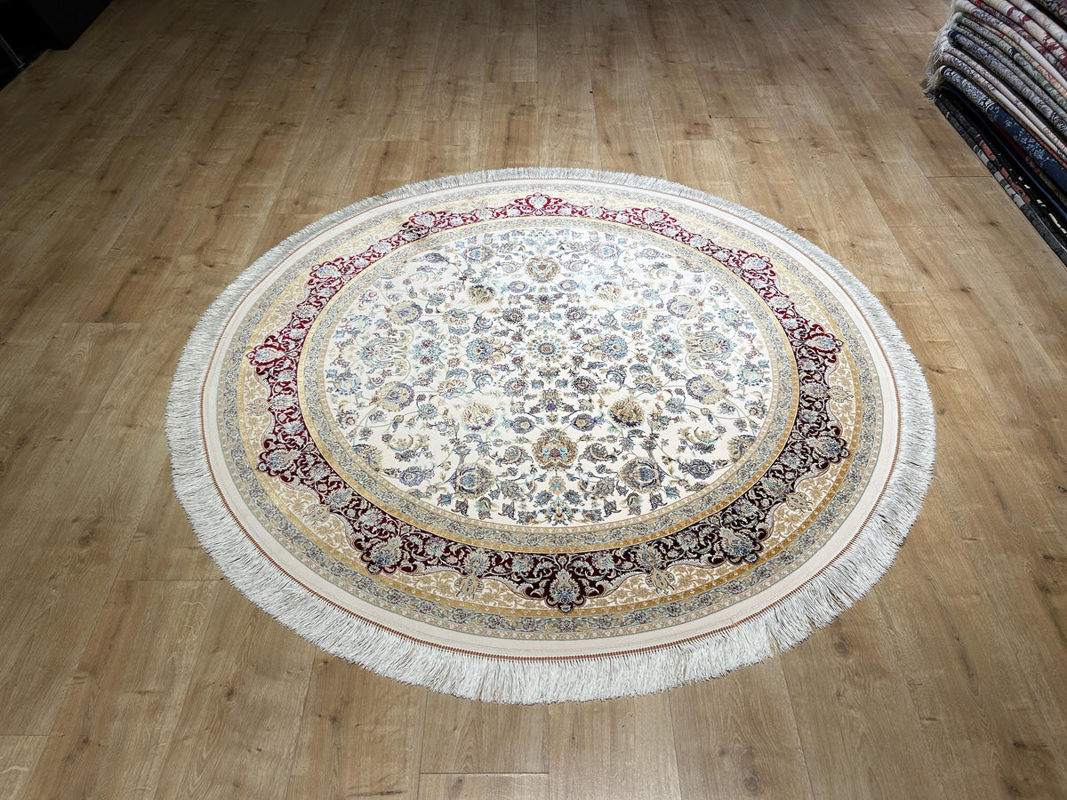 5x5 ft Ivory Round Silk Rug, Red Gold Border Design, Turkish Style Floral Pattern