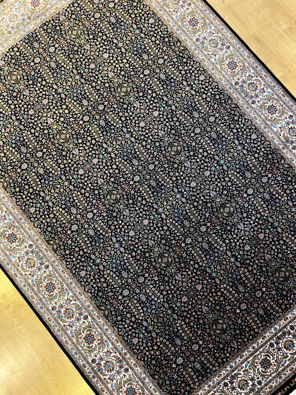 5x8 ft Black Floral Modal Silk Rug, Turkish Style Home Decor