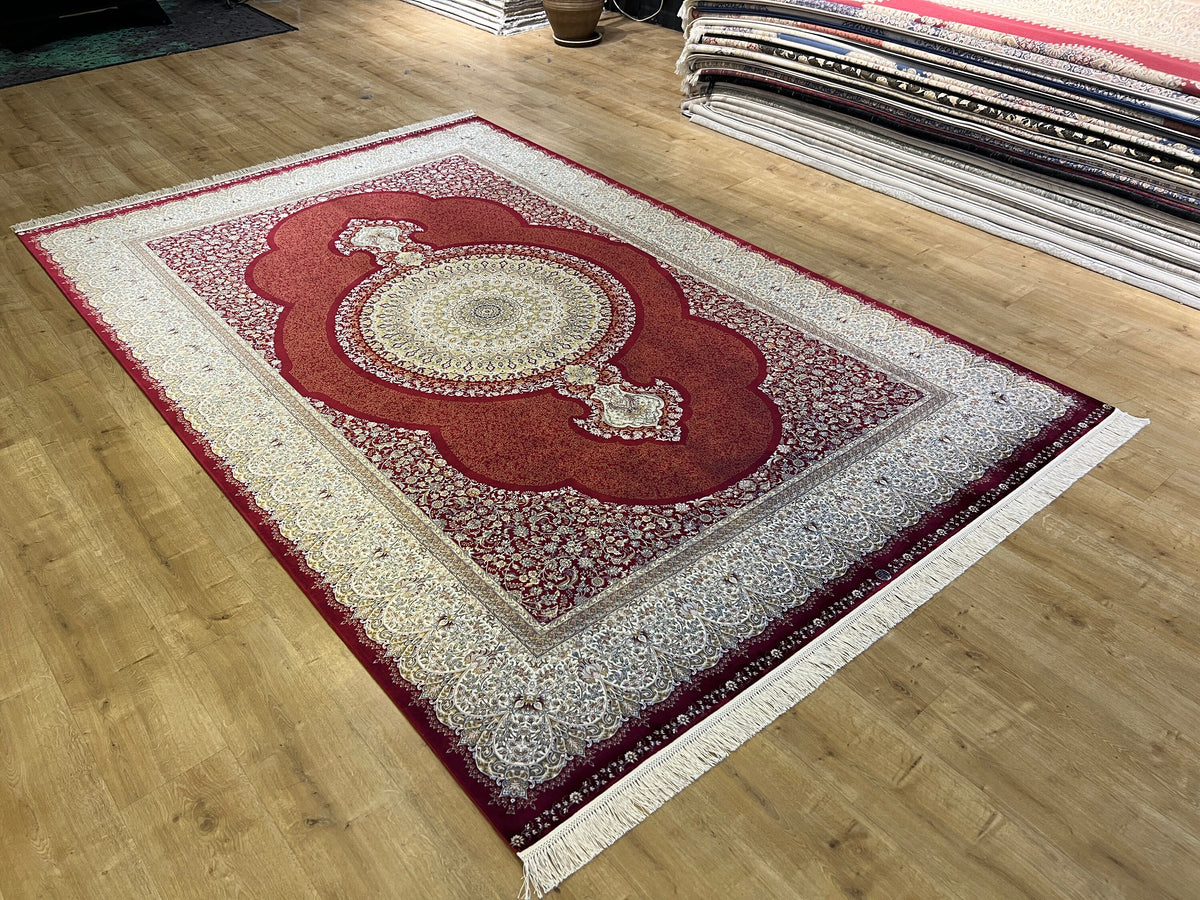 Red Modal Silk Palace Rug, Turkish Carpet 7x10